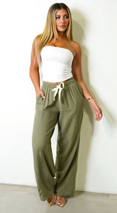Leo Linen Wide Leg Pants - Olive Green